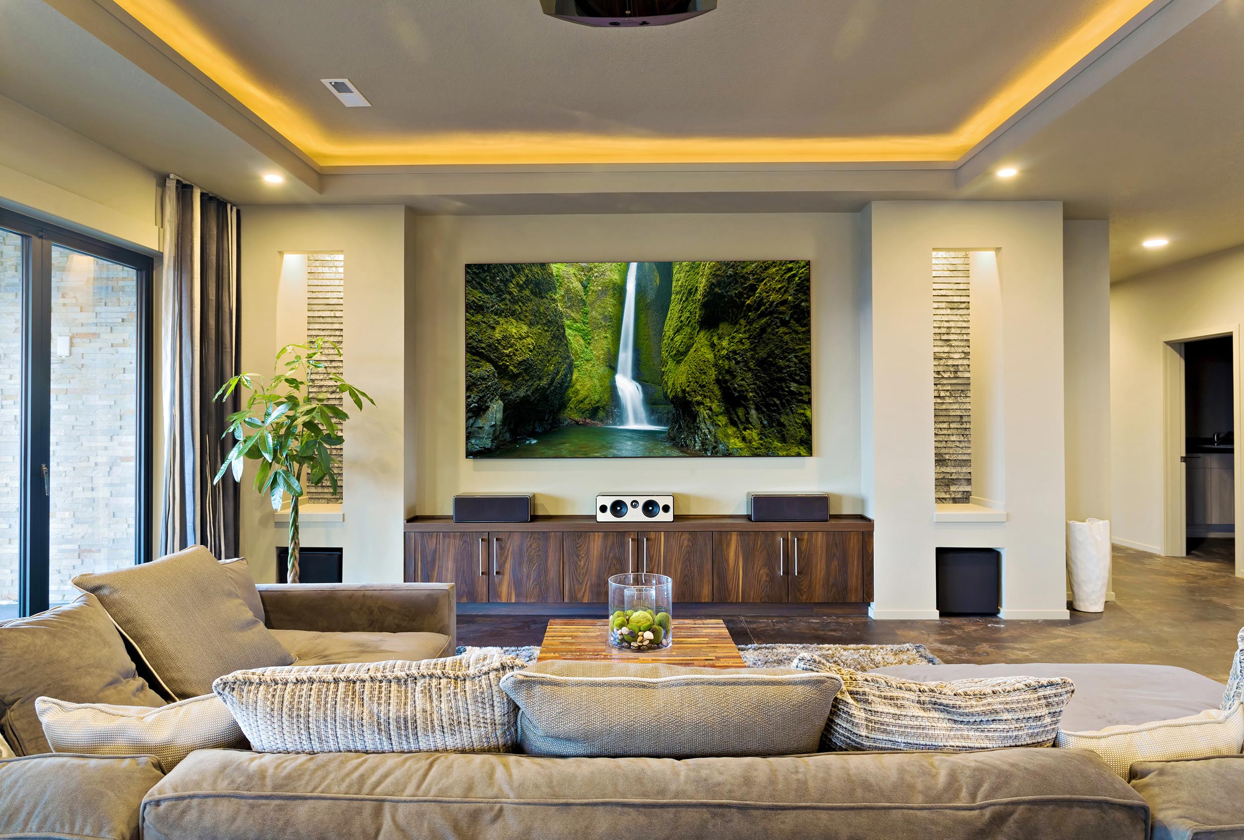 Media room with media control, hidden audio video and universal remotes