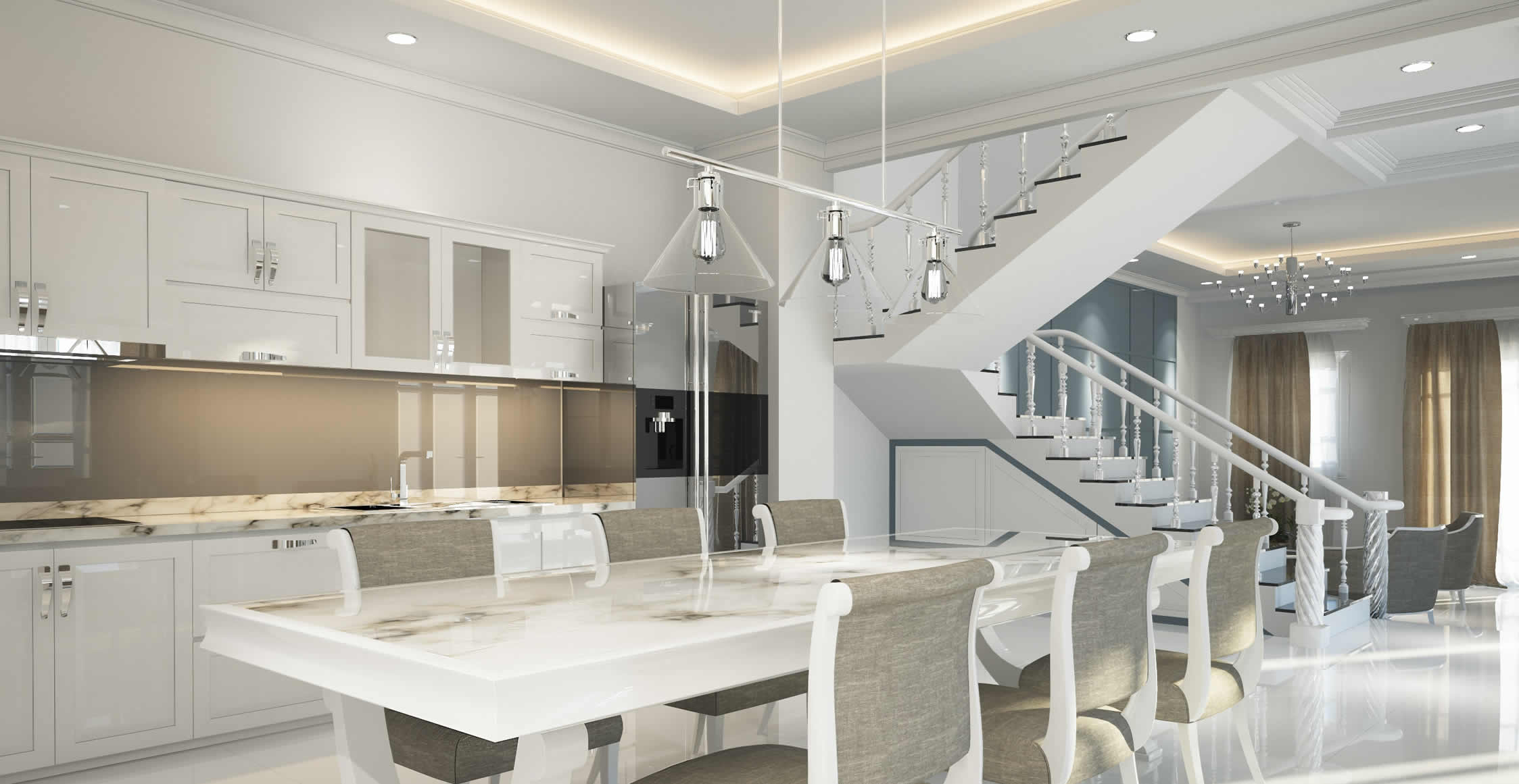 Kitchen with lighting control, motorized window treatments and multi-room music