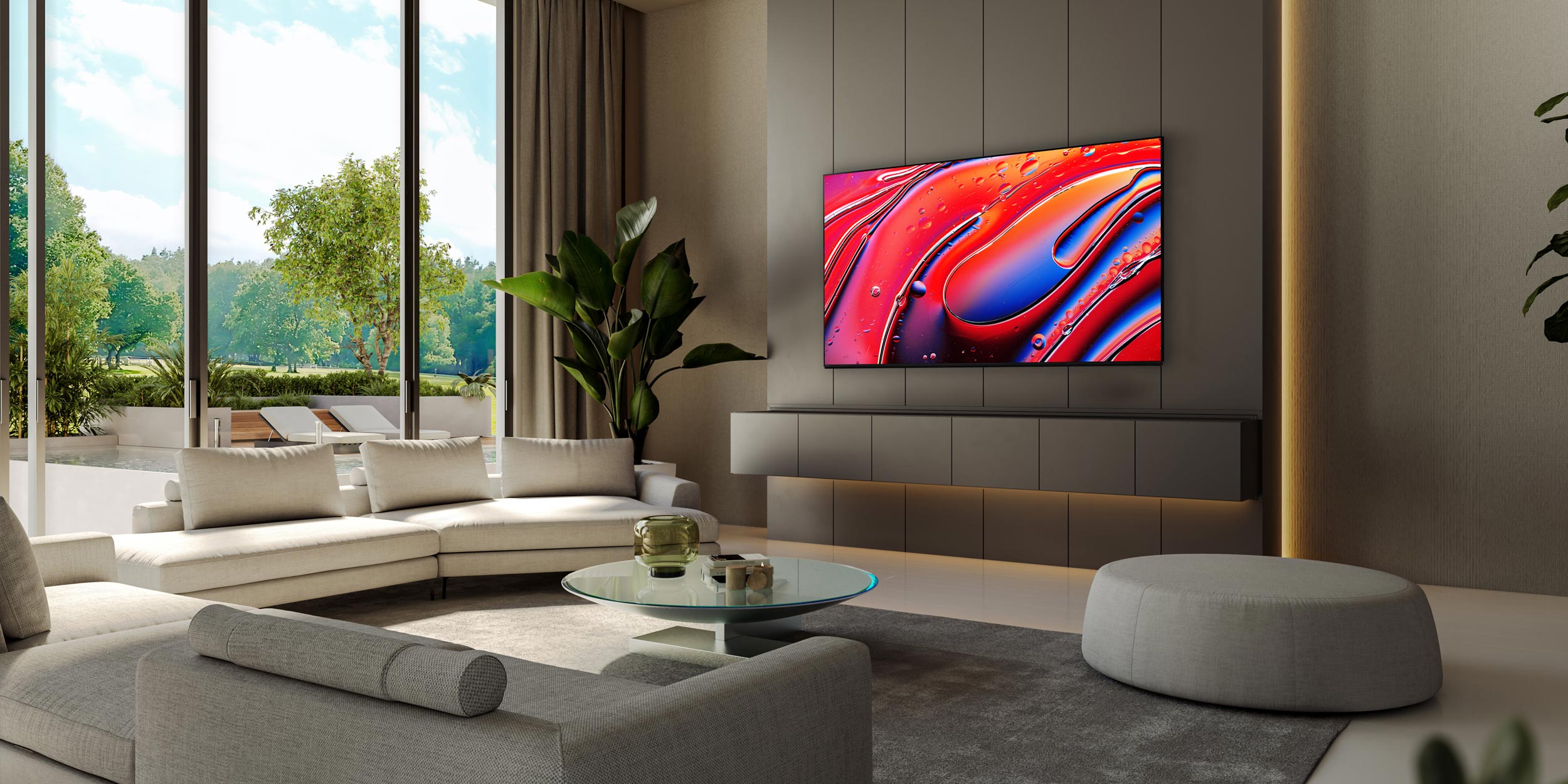 Modern living room with large TV mounted above floating cabinet