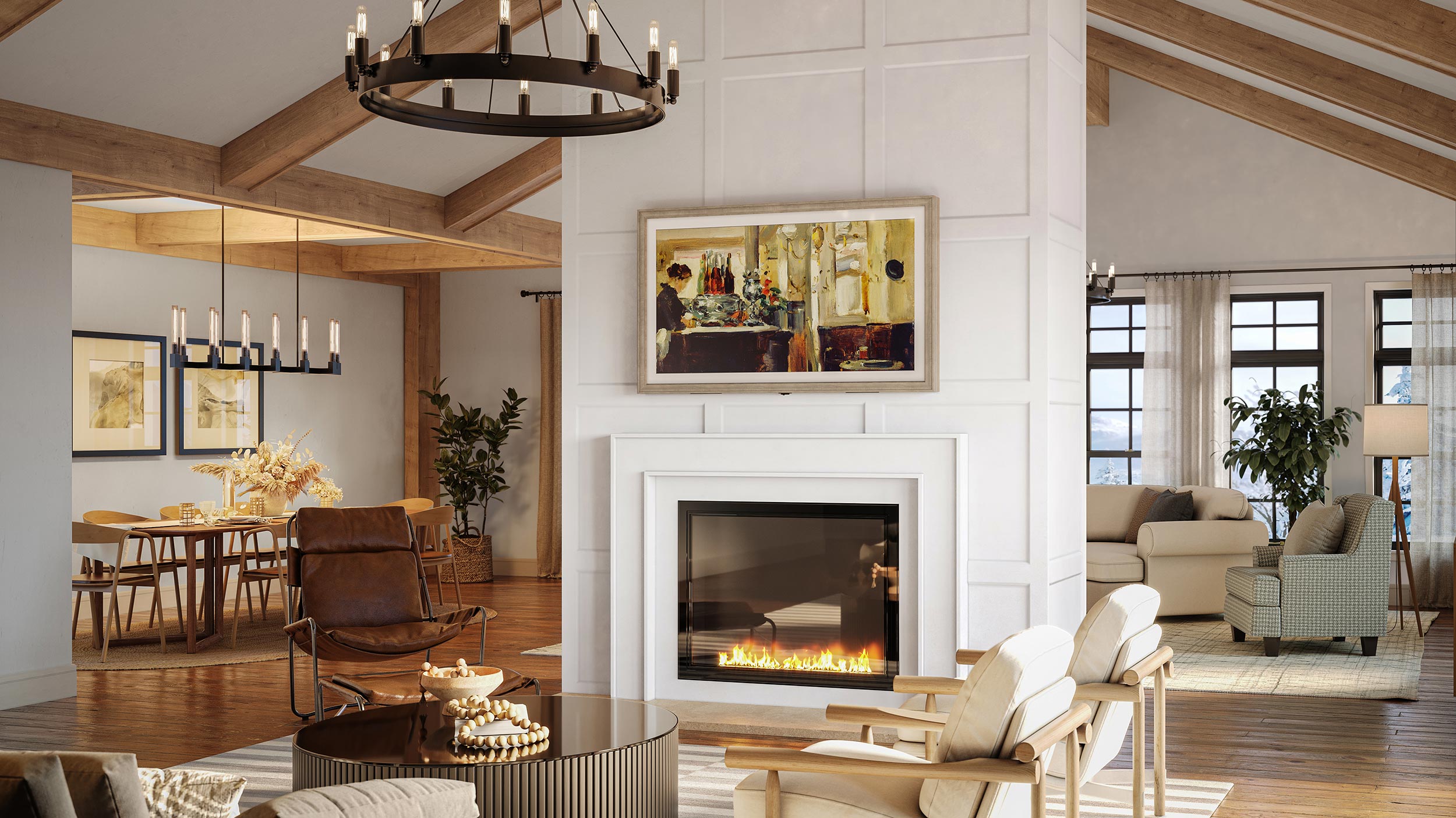 Cozy open-concept space with a frame TV above a fireplace showing artwork