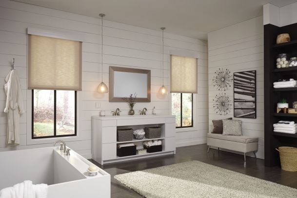 Bathroom with half raised shades